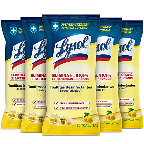 Lysol Toallitas Desinfectantes Superficies Multiusos, elimina bacterias y hongos, sin lejía, aroma Limón Megapack 80 x 5, total 400 toallitas