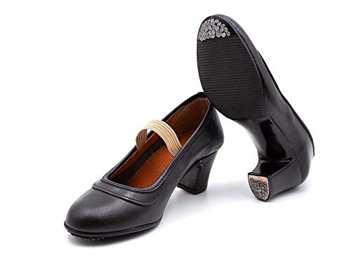 Malaca - Zapato Profesional de Baile, Fabricado en Piel, Cierre de Goma elástica, tacón y Suela con Clavos, para: Niña Color: Negro Talla:31