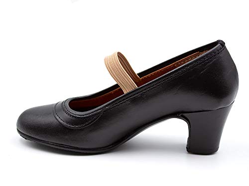 Malaca - Zapato Profesional de Baile, Fabricado en Piel, Cierre de Goma elástica, tacón y Suela con Clavos, para: Niña Color: Negro Talla:31