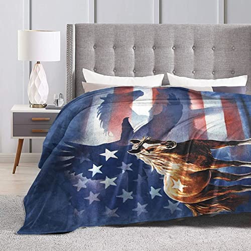 Manta de Lana de Franela cálida súper Suave de Caballo de águila con Bandera Americana para sofá, Silla, Cama, Oficina y Acampar al Aire Libre