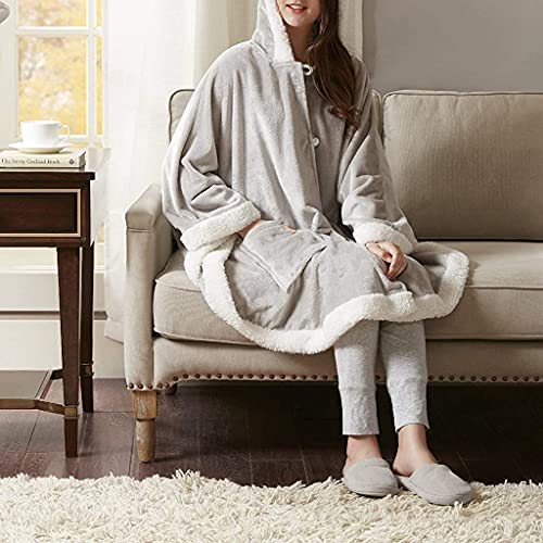 Manta de poncho, ultra suave y cómoda con capucha, manta de forro polar Sherpa para mujer, gris, talla única