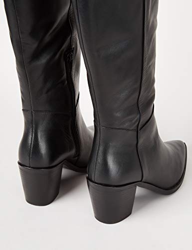 Marca Amazon - find. Knee High Pull On Leather Western Botas Altas, Negro Black, 37 EU