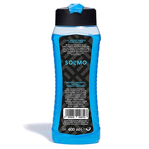 Marca Amazon - Solimo Gel de ducha sport para hombre 3 en 1 (Cuerpo, cara y cabello)24 horas de frescor- Paquete de 6 (6 Botellas x 400 ml)