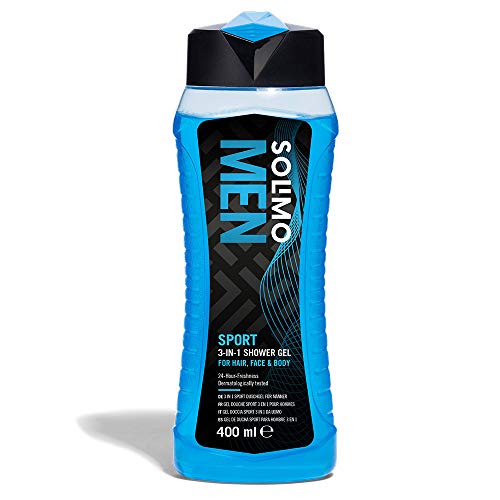 Marca Amazon - Solimo Gel de ducha sport para hombre 3 en 1 (Cuerpo, cara y cabello)24 horas de frescor- Paquete de 6 (6 Botellas x 400 ml)