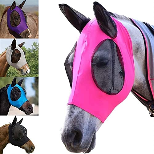 Máscara de mosca de caballo, máscara de poni con ojos de malla y orejas, transpirable, suave elasticidad, tela de caballo, máscara de mosca, protección UV (color: negro)