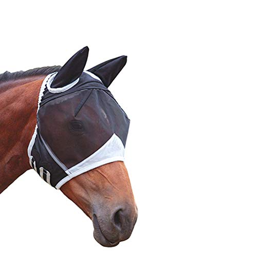 Máscara de mosca de malla fina con orejas transpirable máscara de caballo anti mosquito para caballo negro y blanco M
