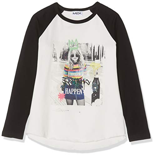 MEK T-Shirt Jersey Stretch con Stampa Camiseta de Manga Larga, Multicolor (Crema/Black 01 919), 170 para Niñas