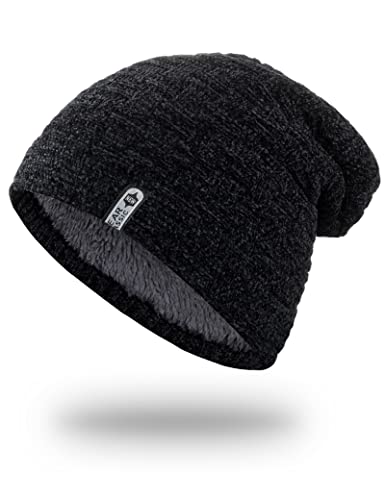 MELLIEX Gorro de Invierno para Hombre y Mujer, Forro Polar Slouch Beanie Hat Unisex Cálido Sombreros de Punto, Negro