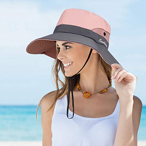 MengH-SHOP Sombrero de Sol al Aire Libre Mujer Sombrero de Cola de Caballo Plegable Gorro de Pescador Gorras de ala Ancha de Malla Sombrero de Verano Visor 56-58CM (Rosado)