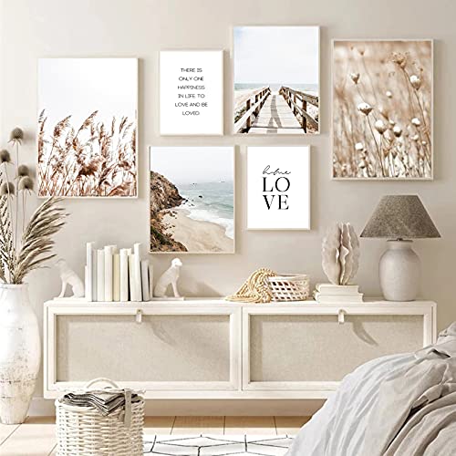 Moderno juego de pósteres Love en beige, playa, juncos, póster de decoración para salón, dormitorio, juego de 6, sin marco, 4 x A3, 2 x A4