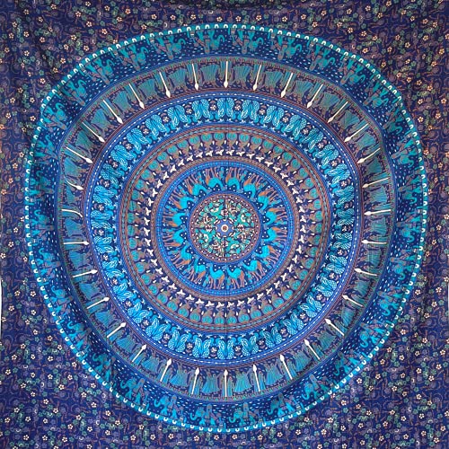MOMOMUS Tapiz Mandala Indio - 100% Algodón, Grande, Multiuso - Pareo/Toalla de Playa Gigante - Manta de Picnic Ligera o Alfombra Antiarena XXL - Azul C, 210x230 cm