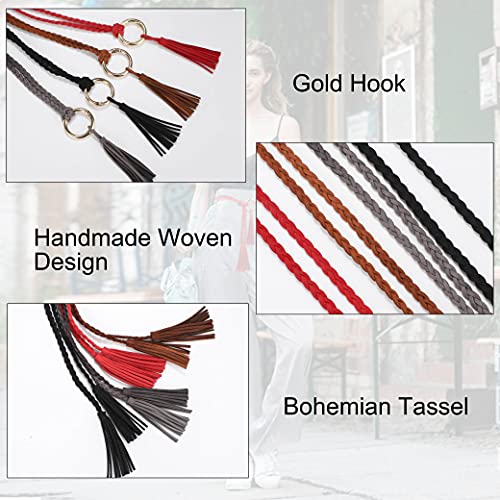 MoonSing Cadena de Cintura de Anillo Tejida a Mano para Mujer, étnico Cintura de Niña Cadena de Cuero Borla Cinturón Cuerda para Vestir Camisa de Abrigo (4pcs)