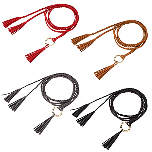 MoonSing Cadena de Cintura de Anillo Tejida a Mano para Mujer, étnico Cintura de Niña Cadena de Cuero Borla Cinturón Cuerda para Vestir Camisa de Abrigo (4pcs)