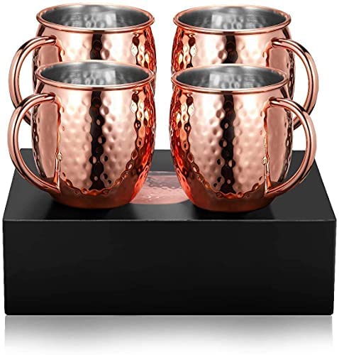 Moscow Mule - Juego de 4 tazas de cobre, acabado martillado 100% artesanal, juego de regalo con 4 tazas de cobre (18 onzas), cobre puro