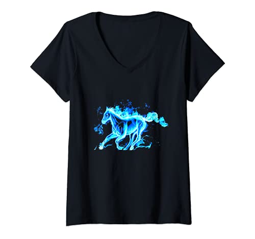 Mujer Caballo azul caballo fuego fondo arte abstracto Camiseta Cuello V