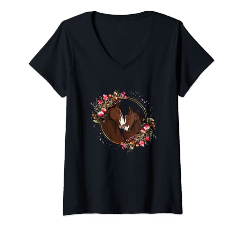 Mujer Yegua y potro con corona de flores Jinete a caballo Camiseta Cuello V