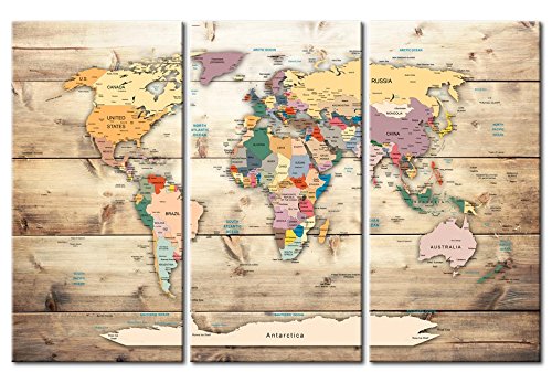 murando - Mapamundi con Tablero para Clavar chinchetas 135x90 cm - Cuadro en Lienzo - 3 Partes - Panel de Fibra - Mapa del Mundo Continente - Viajes geografia Vintage k-C-0077-v-e