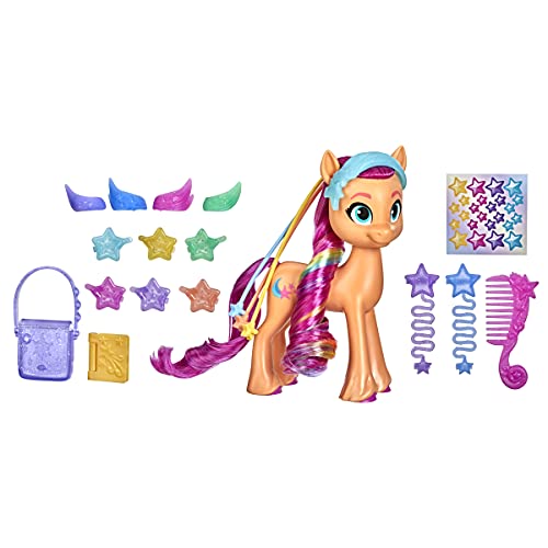 My Little Pony: A New Generation - Sunny Starscout Peinados mágicos - Poni Naranja de 15 cm con Trenza Multicolor y 17 Accesorios