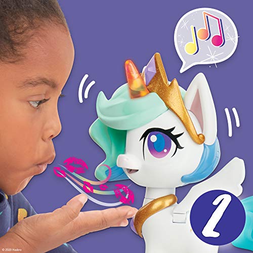 My Little Pony - Unicornio Princesa Celestia Besos mágicos - Figura interactiva de Unicornio con 3 sorpresas, Juguete Musical Infantil Que se Mueve y se Ilumina