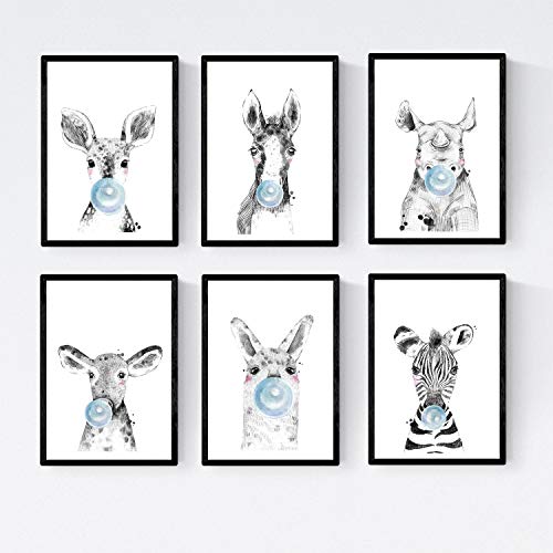 Nacnic Set 6 Posters Animales Bebes con Chicle. Cebra Rino Ciervo Vaca Caballo y Llama.Tamaño A4