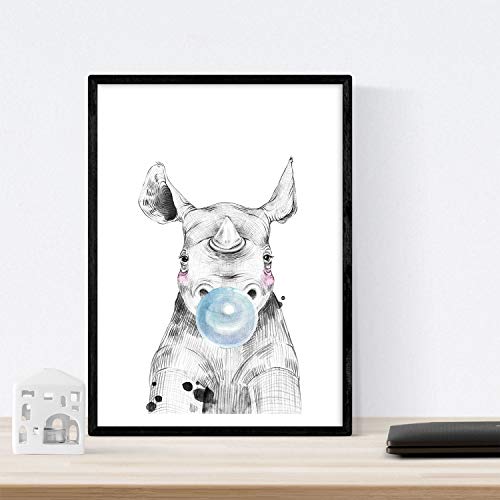 Nacnic Set 6 Posters Animales Bebes con Chicle. Cebra Rino Ciervo Vaca Caballo y Llama.Tamaño A4