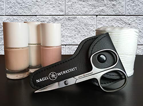 Nagelwerkstatt - Tijeras para uñas profesionales extra afiladas de acero inoxidable con corte curvado, incluye estuche, aptas también para zurdos