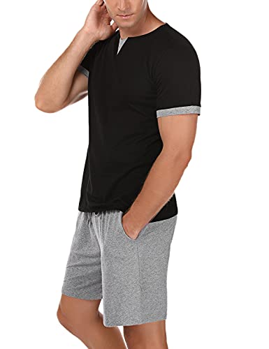 NC Pijamas Hombre Verano de Algodón Pijama Corto para Hombre con Pantalón Corto Ropa de Dormir para Hombre(Gris Negro，L