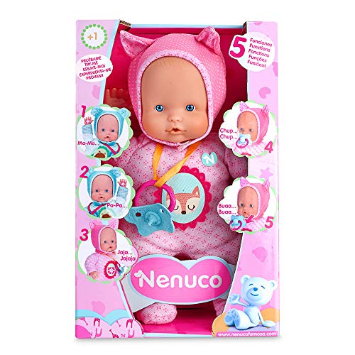 Nenuco - Blandito 5 Funciones Rosa, hace sonidos como un bebé de verdad, se ríe, llora, dice mamá y papá, hace sonidos de chupete y chupar el dedo. Regalo para bebés de 1 a 3 años FAMOSA (700014781)