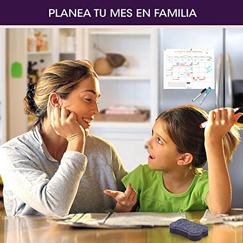 NESKLAR Calendario Mensual magnetico para Nevera - Organizador Mensual en Familia - Pizarra Magnetica - Notas - 3 Rotuladores y 1 Borrador con iman Gratis - Listo para Regalar - En Español