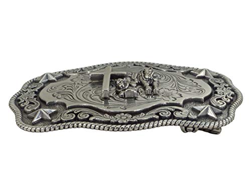 Nocona - Hebilla para cinturón de estilo western/cowboy, de plata envejecida, diseño de cowboy rezante, 9,7 x 7,7 cm, color plateado