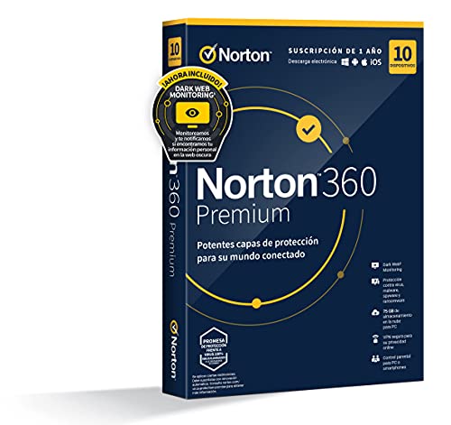 Norton 360 Premium 2022 - Antivirus software para 10 Dispositivos, 1 Año, para PC, Mac, tableta o smartphone