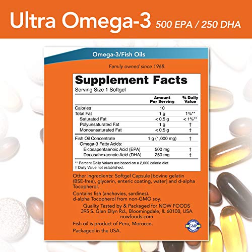 Now Foods, Ultra Omega-3, 500 EPA/250 DHA, 180 Cápsulas, sin gluten