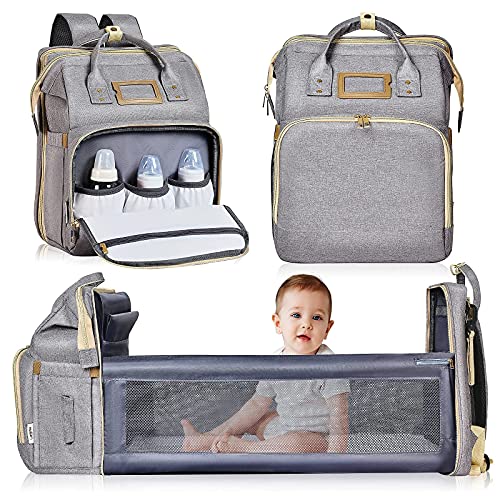 Nuliie mochila cambiador, cuna portátil para bebés y niños, bolsas impermeables para bebés con bolsillos aislados y puerto de carga USB para viajes de bebés, gris