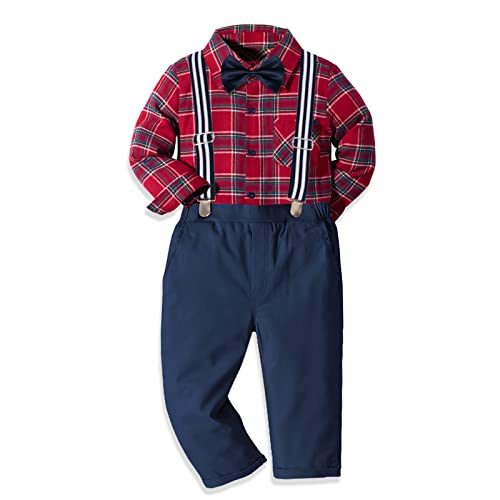 Nwada Ropa de Vestir para niño pequeño Camisa a Cuadros roja + Pajarita + Pantalones con Tirantes Conjuntos Traje de Boda para bebé niño 9-12 Meses