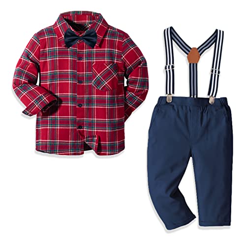 Nwada Ropa de Vestir para niño pequeño Camisa a Cuadros roja + Pajarita + Pantalones con Tirantes Conjuntos Traje de Boda para bebé niño 9-12 Meses