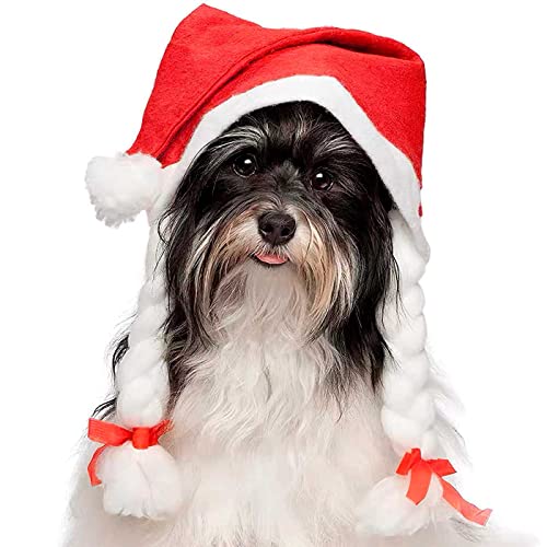 Oliver Art - Gorro de mamá noel con trenzas, sombrero santa claus tradicional, accesorio navideño, fiesta, celebración, navidad, adulto, rojo y blanco