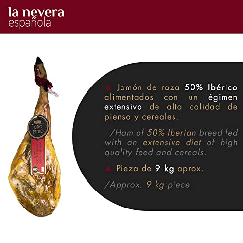 Oro Puro | Jamón de Cebo Ibérico 50% Raza Ibérica | Pieza de 9 kg Aprox con Curación + 24 meses y Secado natural | Cerdos en Régimen Extensivo