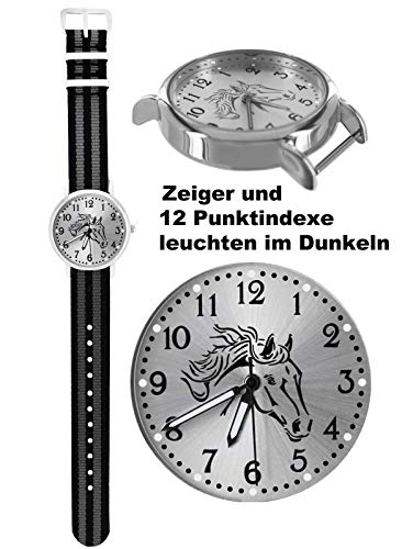 Pacific Time 10609 - Reloj de Pulsera para niño (analógico, Cuarzo, Correa de Tela), diseño de Caballo, Color Negro y Gris