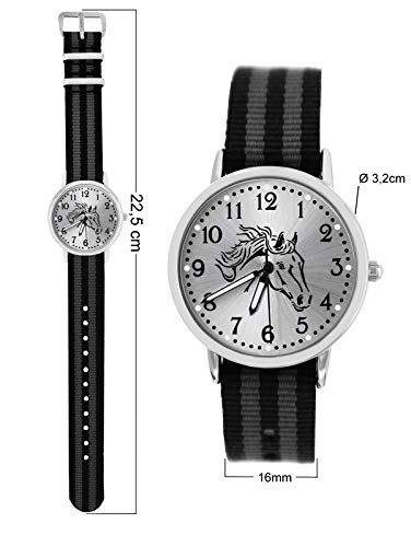 Pacific Time 10609 - Reloj de Pulsera para niño (analógico, Cuarzo, Correa de Tela), diseño de Caballo, Color Negro y Gris