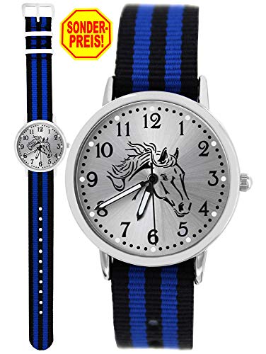Pacific Time 10610 - Reloj de pulsera para niño (analógico, cuarzo, correa de tela), diseño de caballo, color negro y azul