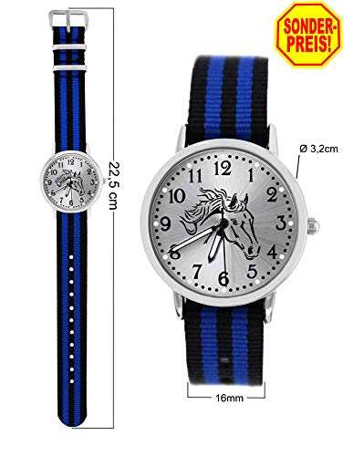 Pacific Time 10610 - Reloj de pulsera para niño (analógico, cuarzo, correa de tela), diseño de caballo, color negro y azul
