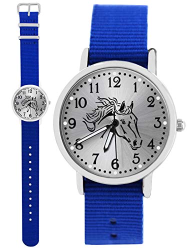 Pacific Time 10611 - Reloj de Pulsera para niño (analógico, Cuarzo, Correa de Tela), diseño de Caballo, Color Azul