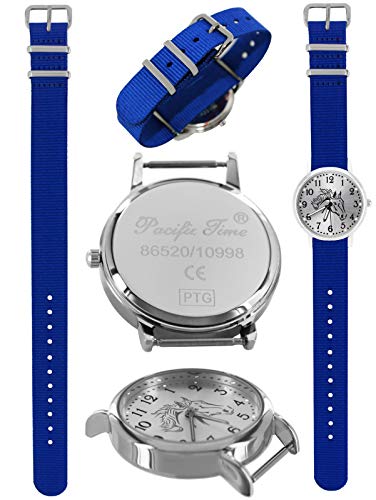 Pacific Time 10611 - Reloj de Pulsera para niño (analógico, Cuarzo, Correa de Tela), diseño de Caballo, Color Azul