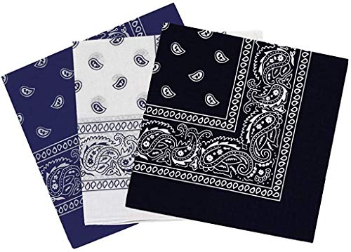 Pack 3 Pañuelos Bandanas de Paisley de Algodón para Cuello Pulsera Cabeza Unisex (azul+blanco+negro, talla única)