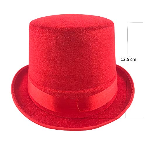Pack 6 Sombrero chistera de Copa Rojo de Fieltro Satén Gorro de Ronda Mago con Cinta de Raso Accesorios del Traje de Fiesta