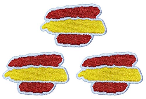 Pack de 3 Banderas de España parches autoadhesivos, parches termoadhesivos para todo tipo de prendas y artículos textiles, fácil de planchar y colocar, fabricado en España, borde blanco