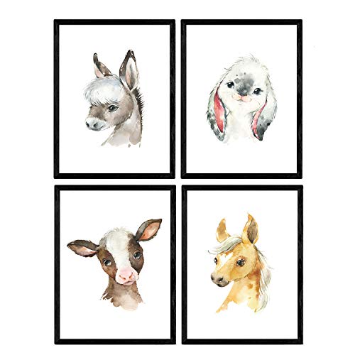 Pack de Cuatro láminas con Ilustraciones de Animales. Posters con imágenes Infantiles de Animales. Caballo Burro Vaca y Conejo. Tamaño A4 sin Marco