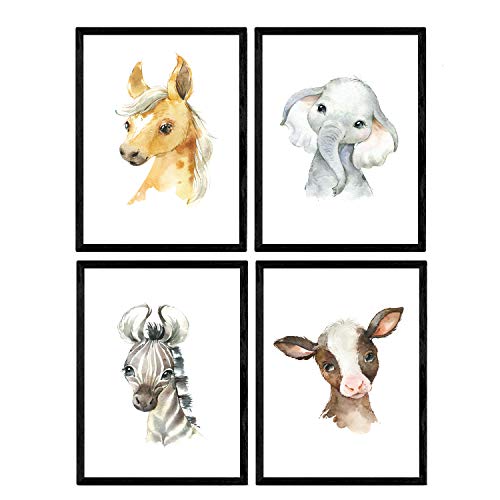 Pack de cuatro láminas con ilustraciones de animales. Posters con imágenes infantiles de animales. Vaca elefante caballo y cebra. Tamaño A3 sin marco…