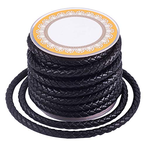 PandaHall Cordón de cuero trenzado de 4 metros de 5 mm negro redondo de cuero auténtico para hacer pulseras y collares