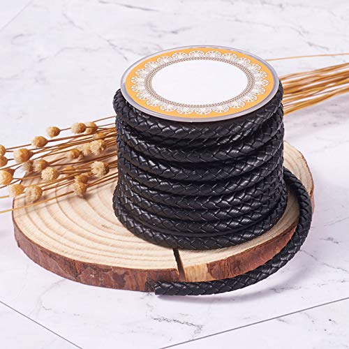 PandaHall Cordón de cuero trenzado de 4 metros de 5 mm negro redondo de cuero auténtico para hacer pulseras y collares